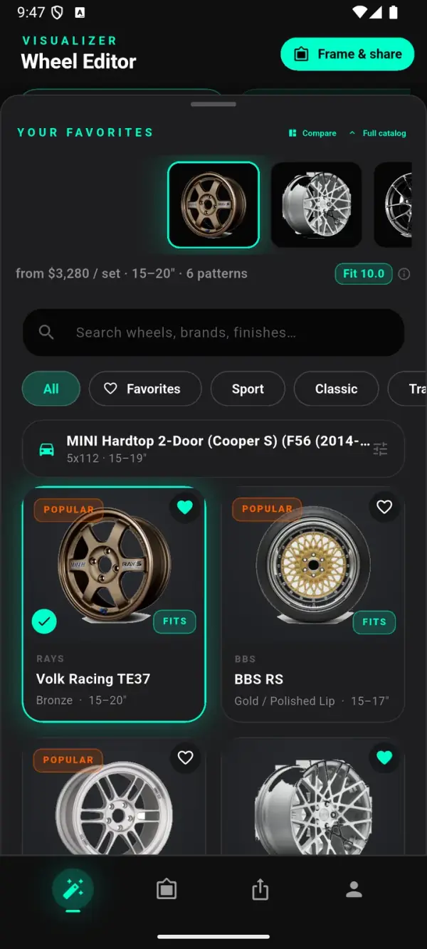 WheelPeek 应用内的真实改装轮毂目录,带搜索、收藏卡组和针对当前车辆的适配徽章