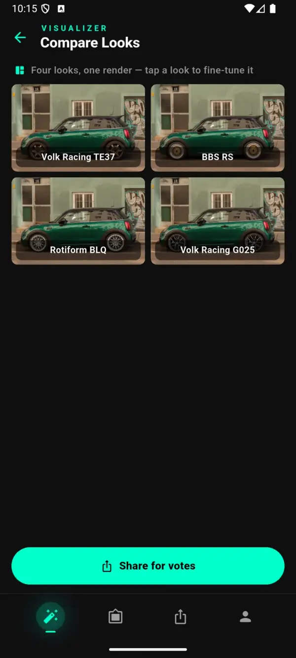 WheelPeek 对同一辆绿色 MINI Cooper S 装四款不同改装轮毂的 2x2 对比