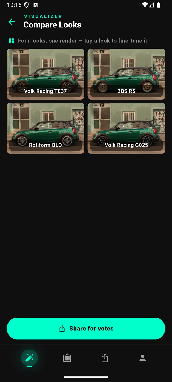 WheelPeek 2x2 comparison of the same green MINI Cooper S rendered with four different aftermarket wheels