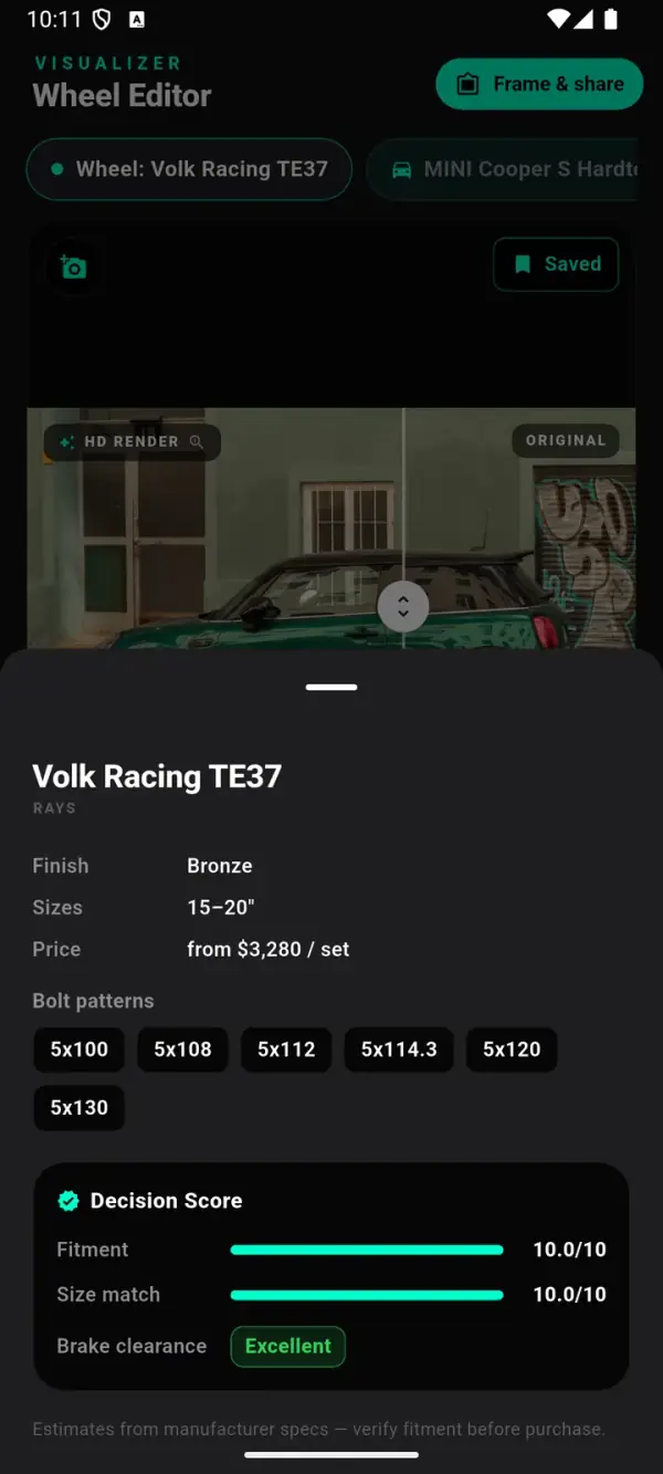 Ficha de detalles de rueda de WheelPeek mostrando acabado, tamaños, precio, patrones de pernos y una Puntuación de decisión con Compatibilidad 10.0 de 10, Coincidencia de tamaño 10.0 de 10 y holgura de freno Excelente