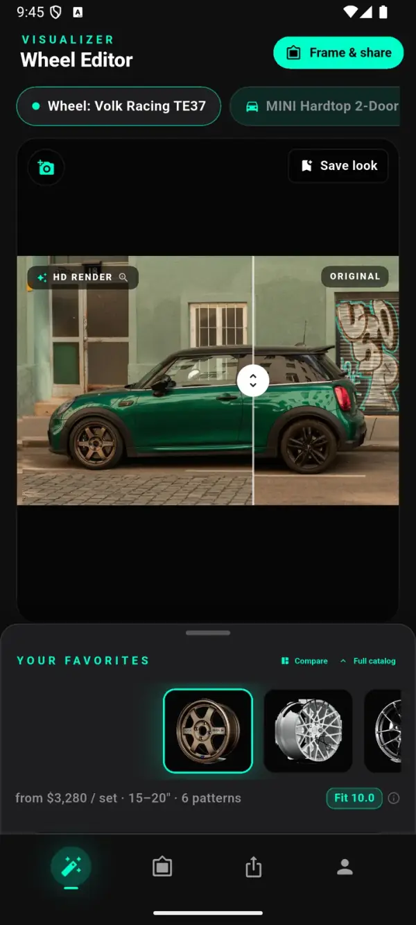 WheelPeek 编辑器在一辆绿色 MINI Cooper S 装古铜色轮毂的写实 HD 渲染上显示前后对比滑块,原始轮毂标注为 ORIGINAL,并带有 HD RENDER 徽章