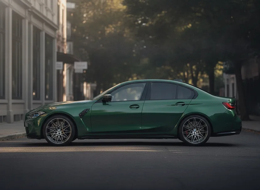 Photoreal WheelPeek render of an Isle of Man green BMW M3 (G80) fitted with satin black Forged Metallics FM07 Vector wheels, side profile — AI-generated demo car
