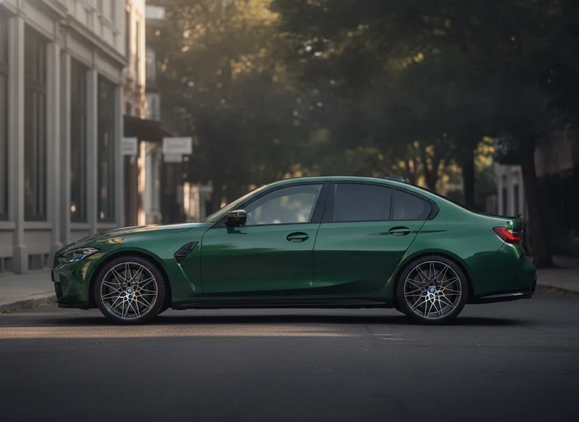 AI-generated demo BMW M3 on its factory wheels — the unmodified photo before the wheel swap