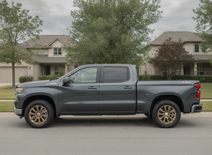 AI-generated demo dark grey Chevrolet Silverado 1500 fitted with satin bronze Titan 7 T-AK2 wheels — a WheelPeek render for identification only