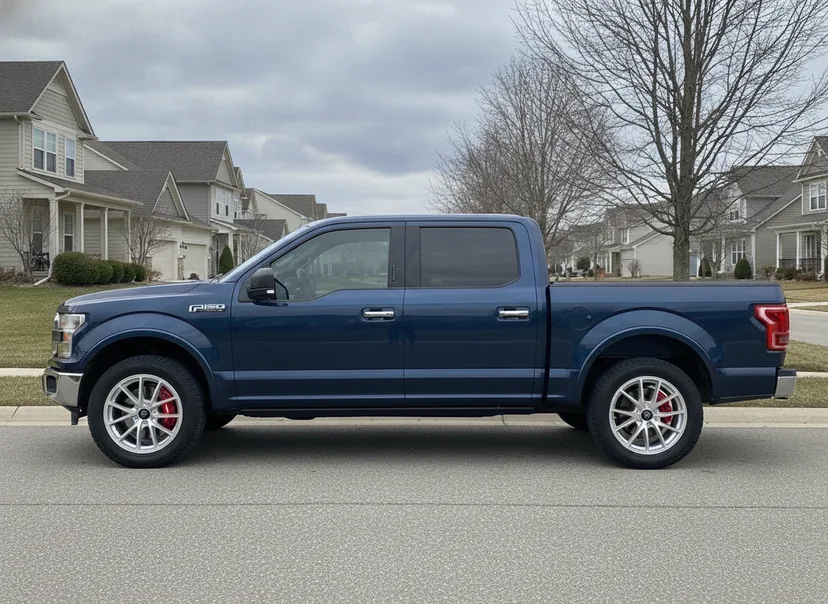Photoreal WheelPeek render of a dark blue Ford F-150 crew cab fitted with bright silver Forged Metallics FM01 Stratos wheels, side profile — AI-generated demo car