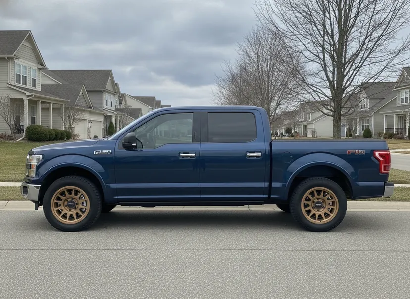 AI-generated demo dark blue Ford F-150 crew cab fitted with Method bronze Method 703 Bead Grip wheels — a WheelPeek render for identification only