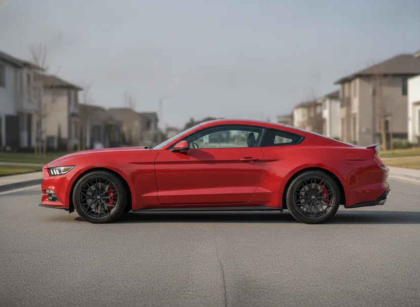 Photoreal WheelPeek render of a race red Ford Mustang GT fitted with satin black Forged Metallics FM07 Vector wheels, side profile — AI-generated demo car