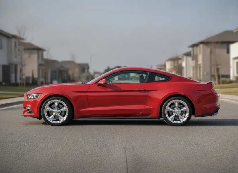 AI-generated demo race red Ford Mustang GT fitted with polished Torq Thrust II wheels — a WheelPeek render for identification only