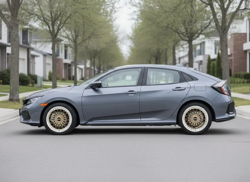AI-generated demo sonic gray Honda Civic hatchback fitted with gold BBS Super RS wheels with a polished lip — a WheelPeek render for identification only