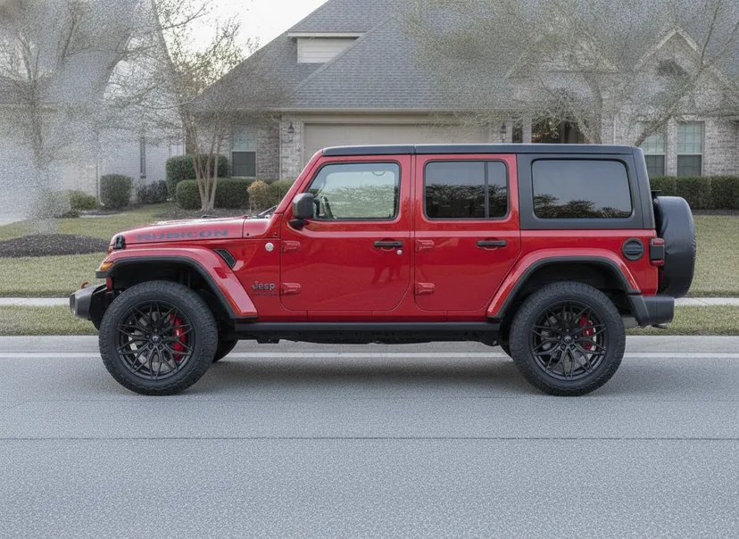 Photoreal WheelPeek render of a red Jeep Wrangler Rubicon fitted with satin black Forged Metallics FM07 Vector wheels, side profile — AI-generated demo car