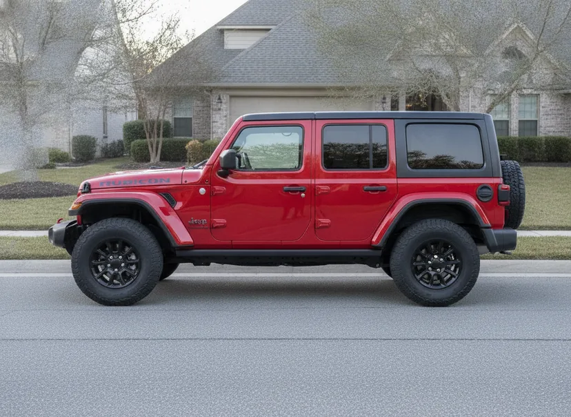 AI-generated demo Jeep Wrangler on its factory wheels — the unmodified photo before the wheel swap