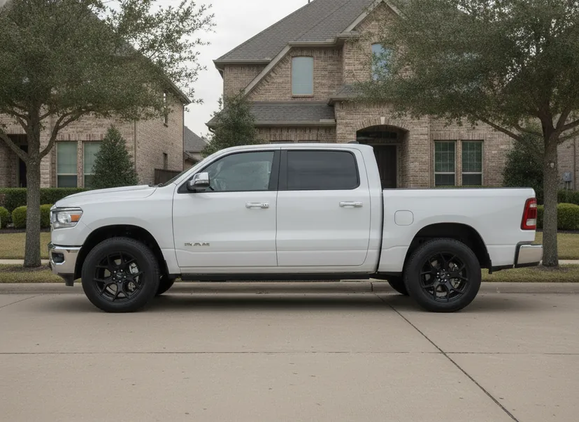 Photoreal WheelPeek render of a bright white Ram 1500 fitted with Vossen HF6-4 wheels in Satin Black