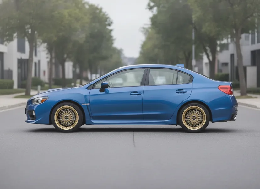 AI-generated demo World Rally Blue Subaru WRX fitted with gold BBS Super RS wheels with a polished lip — a WheelPeek render for identification only