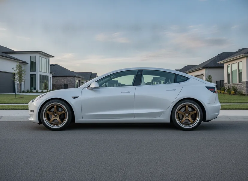 Photoreal WheelPeek render of a pearl white Tesla Model 3 fitted with gloss bronze Forged Metallics FM05 Ronin wheels, side profile — AI-generated demo car