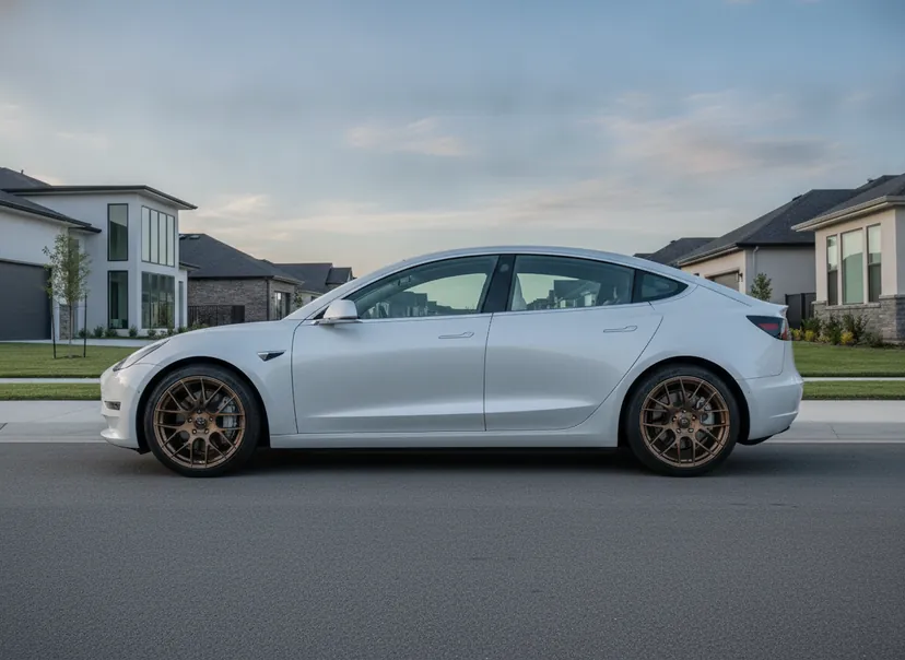 AI-generated demo pearl white Tesla Model 3 fitted with bronze Enkei Raijin wheels — a WheelPeek render for identification only
