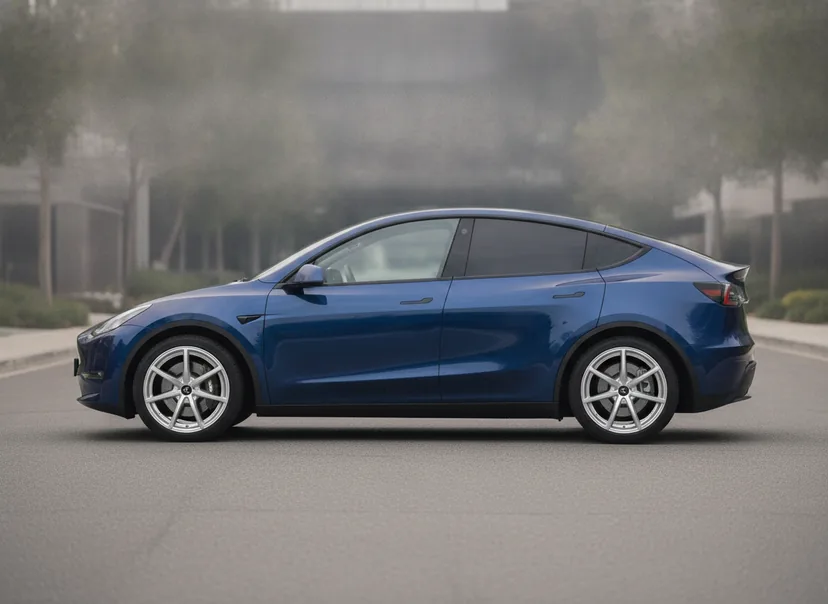 Photoreal WheelPeek render of a deep blue Tesla Model Y fitted with bright silver Forged Metallics FM01 Stratos wheels, side profile — AI-generated demo car