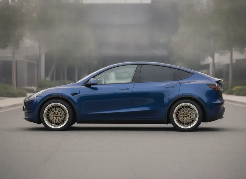 AI-generated demo deep blue Tesla Model Y fitted with gold BBS LM wheels with a polished lip — a WheelPeek render for identification only