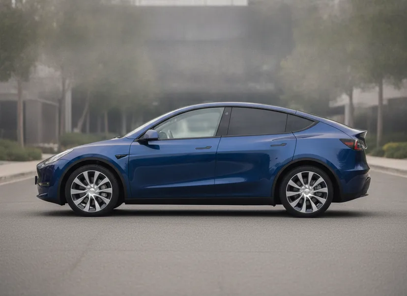 AI-generated demo Tesla Model Y on its factory wheels — the unmodified photo before the wheel swap