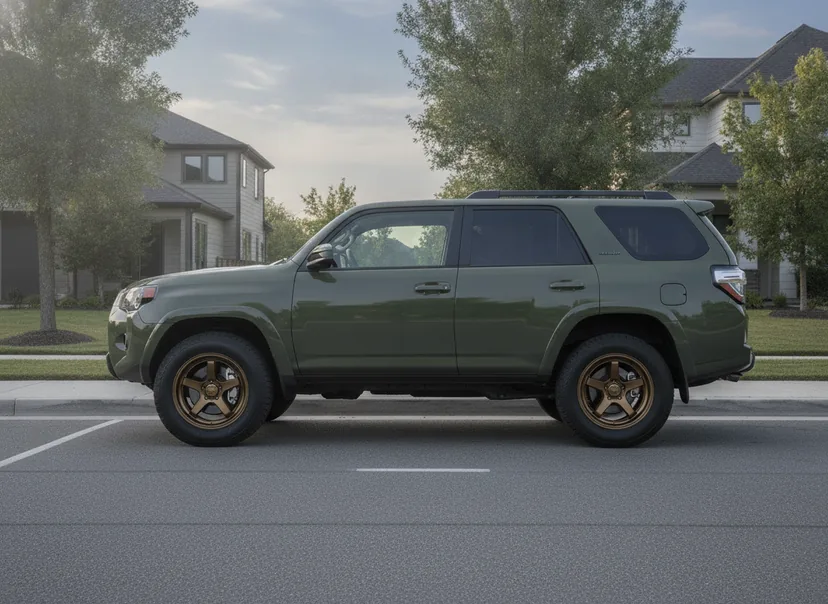 Photoreal WheelPeek render of an army green Toyota 4Runner fitted with gloss bronze Forged Metallics FM05 Ronin wheels, side profile — AI-generated demo car