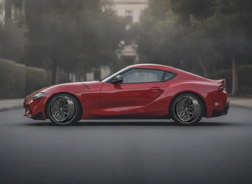 Photoreal WheelPeek render of a red Toyota GR Supra fitted with satin black Forged Metallics FM07 Vector wheels, side profile — AI-generated demo car