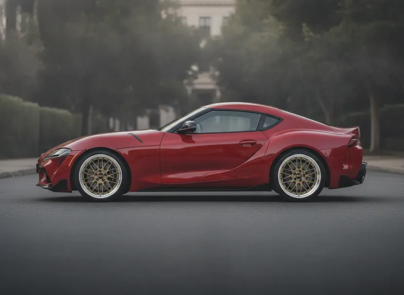 AI-generated demo red Toyota GR Supra fitted with gold BBS LM wheels with a polished lip — a WheelPeek render for identification only