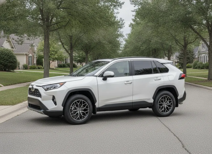 Photoreal WheelPeek render of a pearl white Toyota RAV4 fitted with Vossen HF-2 wheels in Gloss Black Machined