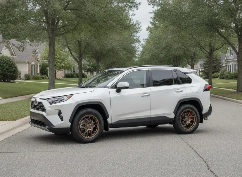 AI-generated demo pearl white Toyota RAV4 fitted with bronze Enkei Raijin wheels — a WheelPeek render for identification only