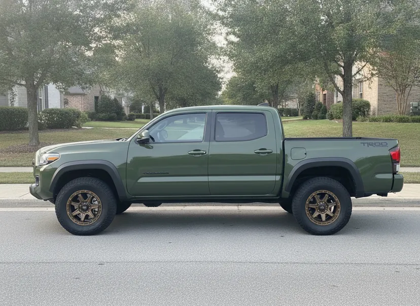Photoreal WheelPeek render of an army green Toyota Tacoma fitted with Enkei Trail-Finder wheels in Matte Bronze