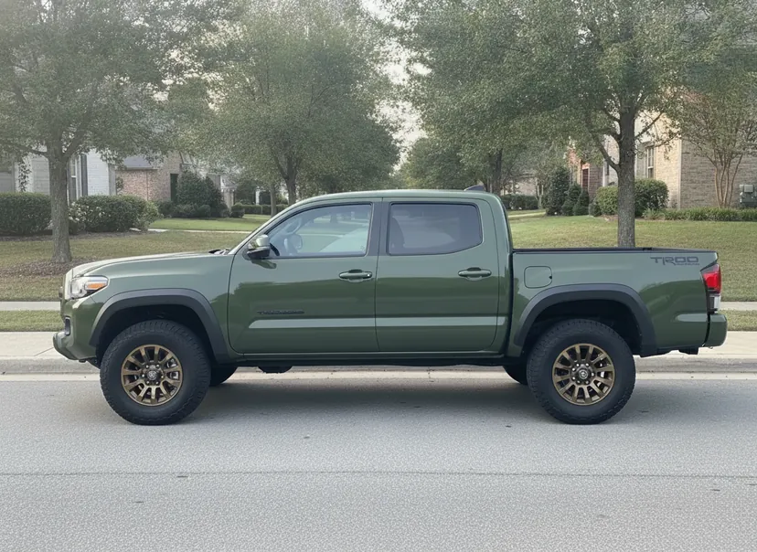 AI-generated demo army green Toyota Tacoma fitted with matte bronze Enkei Trail-Cross wheels — a WheelPeek render for identification only